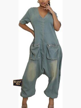 Denim Jumpsuit Loose Fit V Neck Short Sleeve Front Pockets Back Zipper